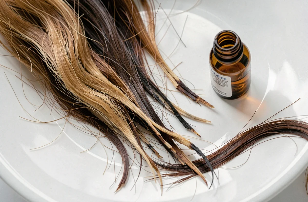 Gros plan comparatif de cheveux abîmés par la bétadine et cheveux sains sur surface blanche avec flacon de bétadine