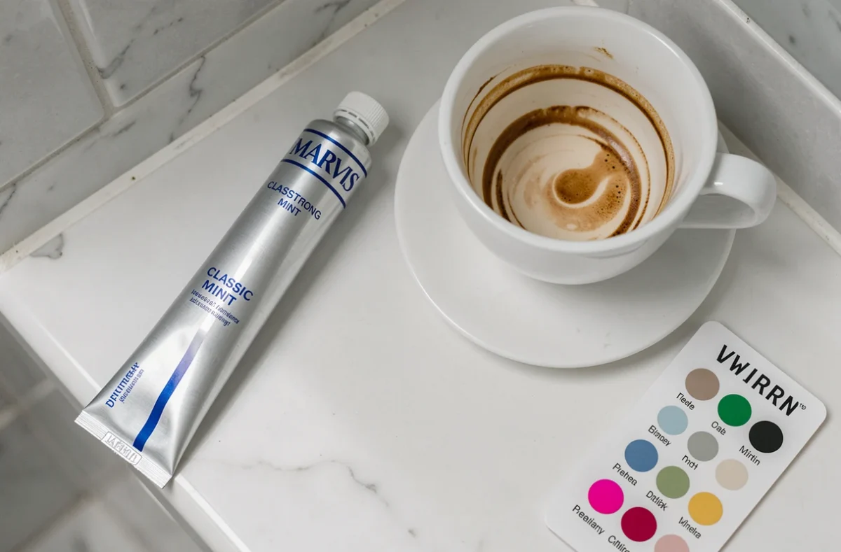 Gros plan du dentifrice MARVIS et d'une tasse à café tachée avec un guide de blanchiment dentaire
