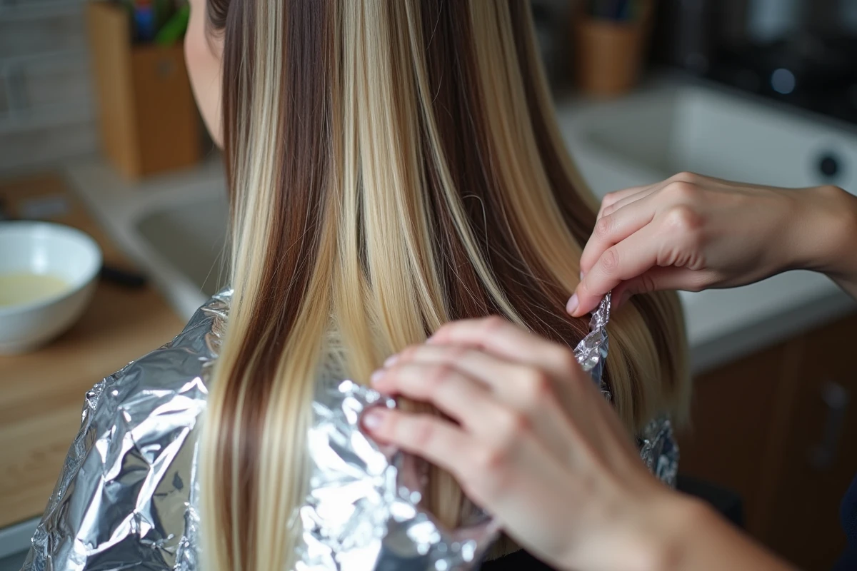 Gros plan de mèches blondes en cours de pose sur cheveux bruns avec feuilles d'aluminium et crème décolorante