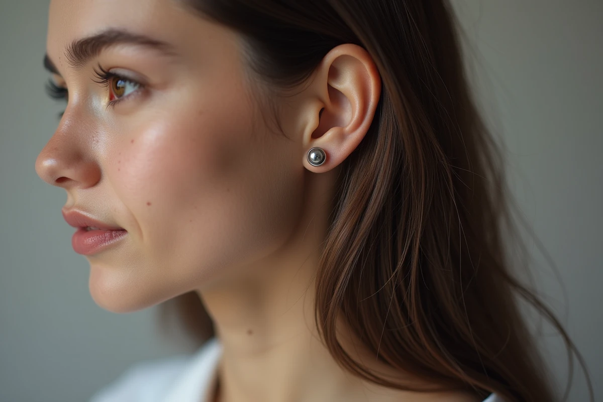 Gros plan sur un piercing hélix en titane sur le cartilage supérieur de l'oreille d'une jeune femme, rendu réaliste et détaillé