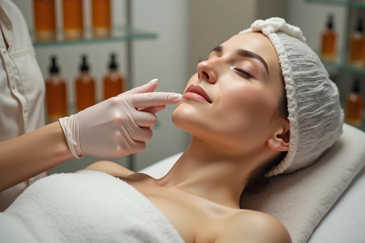 Gros plan des mains d'une esthéticienne effectuant un pinçage délicat sur la peau du visage d'une cliente