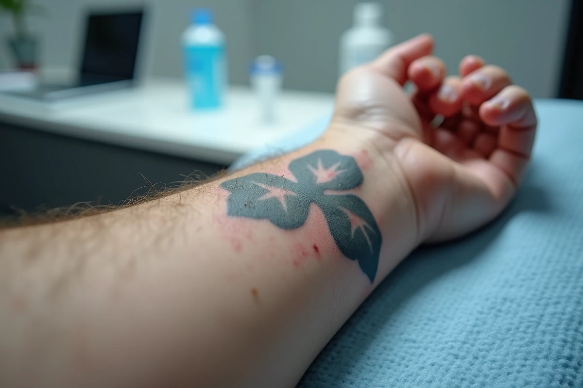 Gros plan sur un tatouage en cours d'effacement au laser sur un avant-bras masculin, texture de peau et dégradation de l'encre visibles