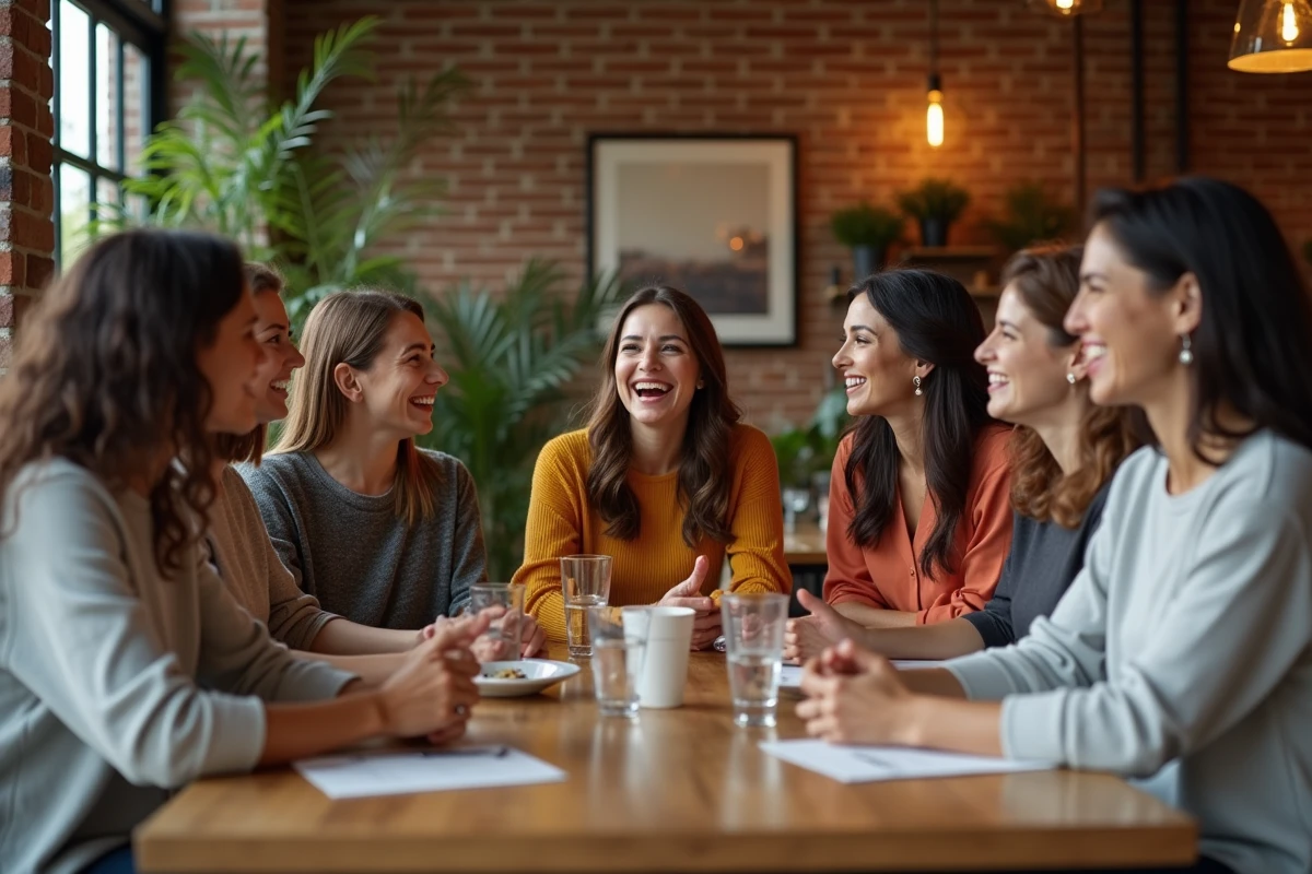 Groupe de femmes riant dans un café urbain chaleureux