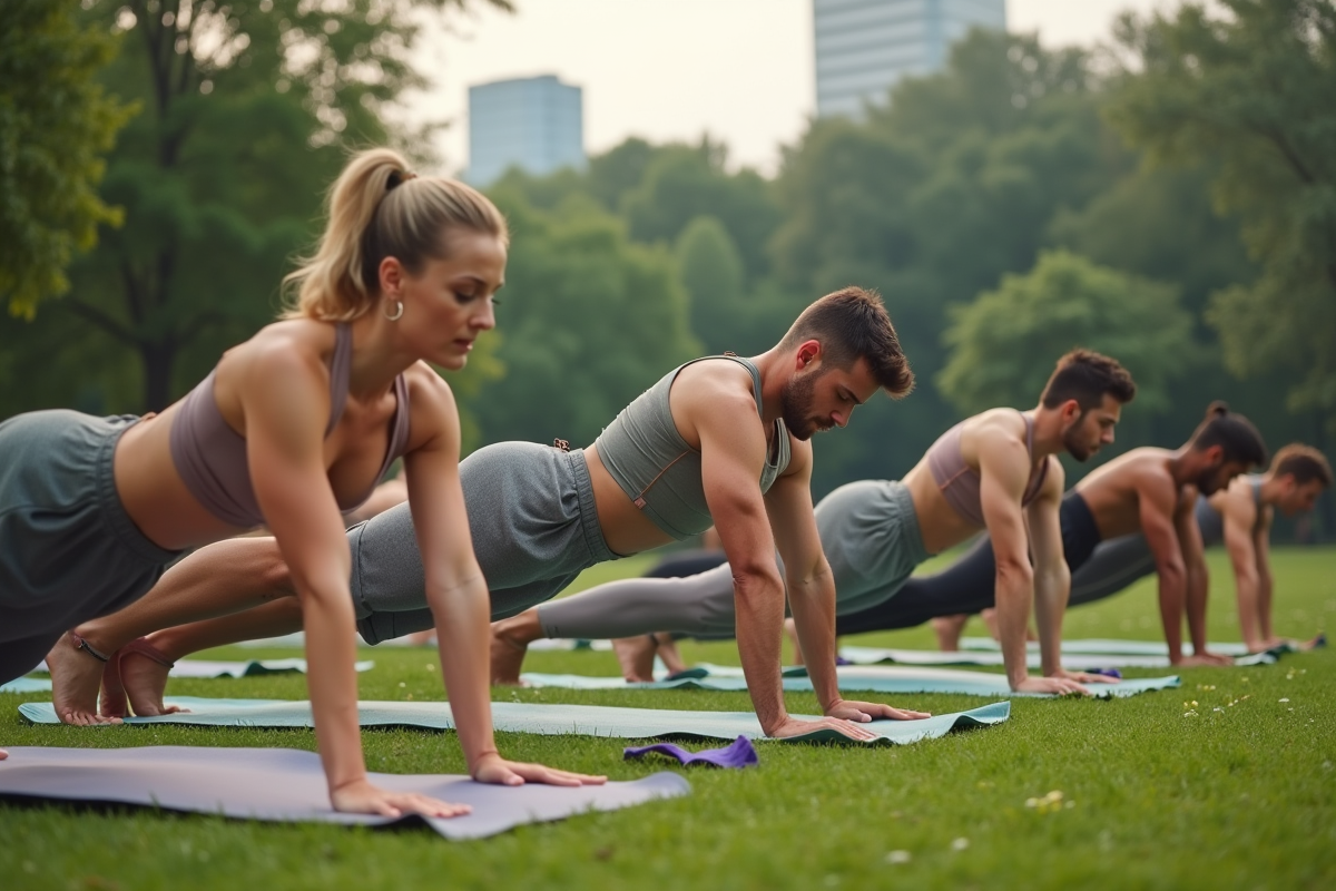 Groupe de yoga en plein air dans un parc urbain