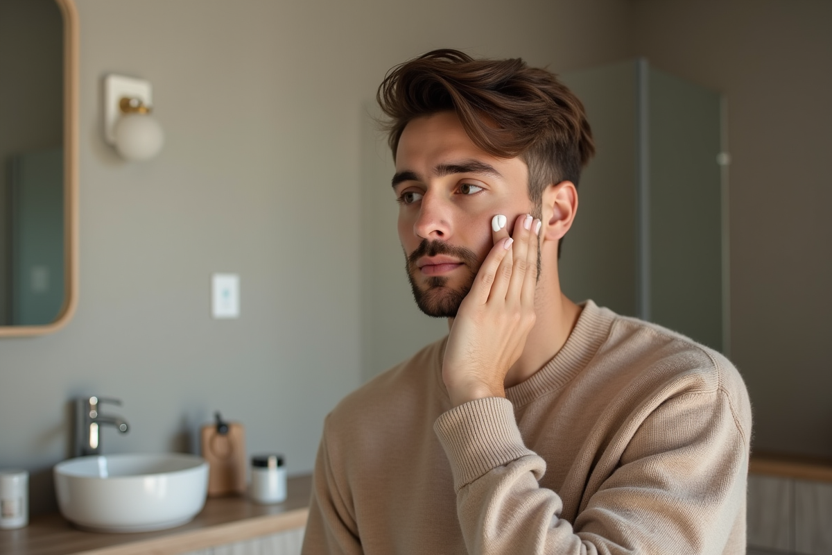 Homme appliquant un primer visage dans sa salle de bain