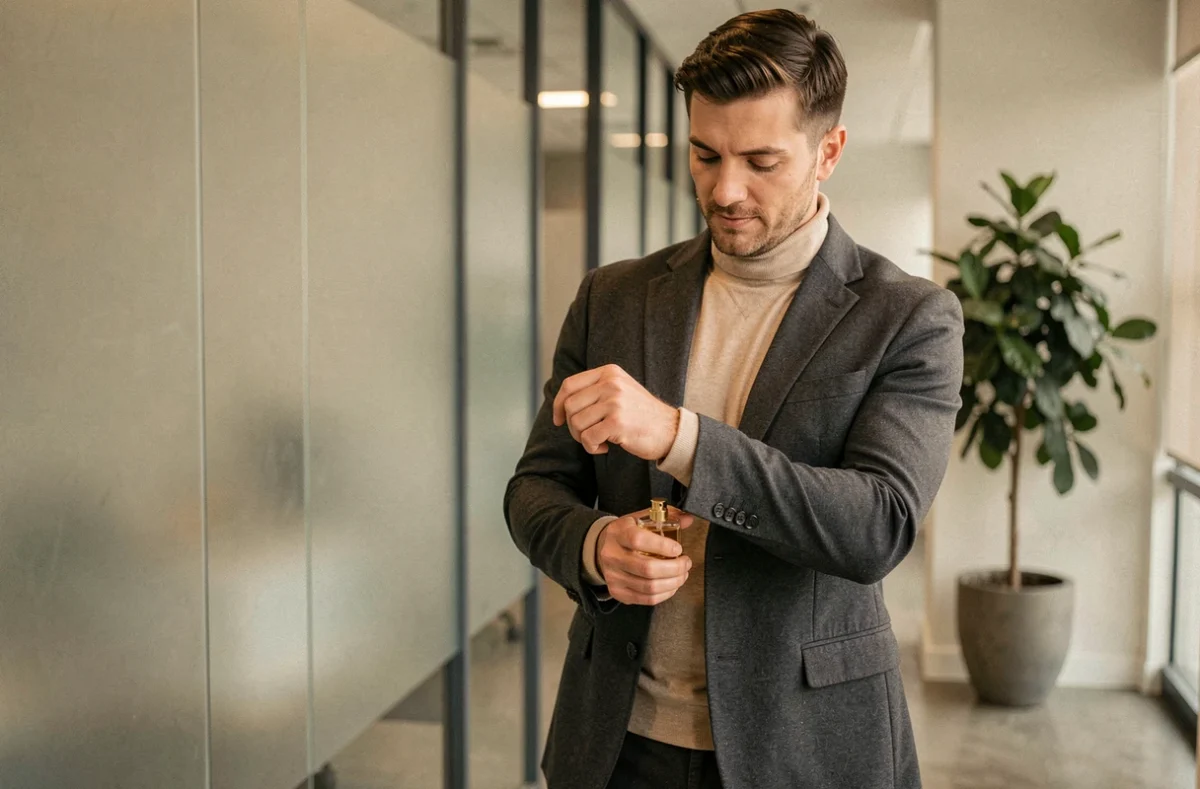 Homme en blazer gris appliquant un parfum discret au bureau dans un couloir contemporain