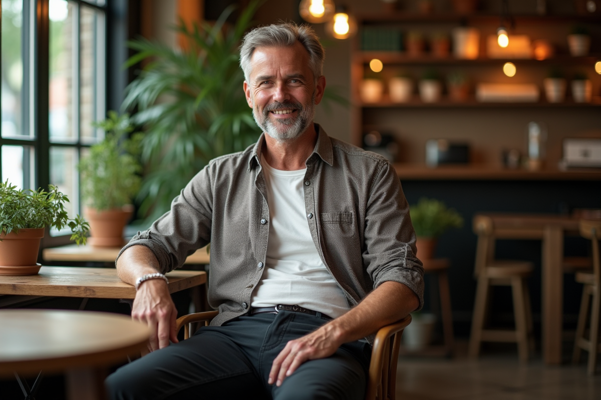 Homme détendu dans un café avec chemise à motifs