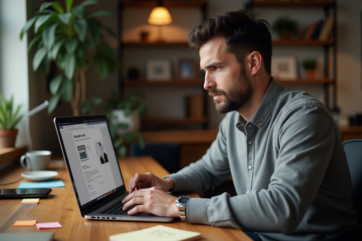 Homme calculant le budget de son premier tatouage sur un ordinateur portable à domicile