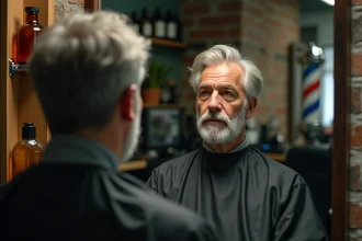 Homme de 50 ans aux cheveux poivre et sel assis dans un fauteuil de barbier moderne, examinant sa coloration dans un miroir