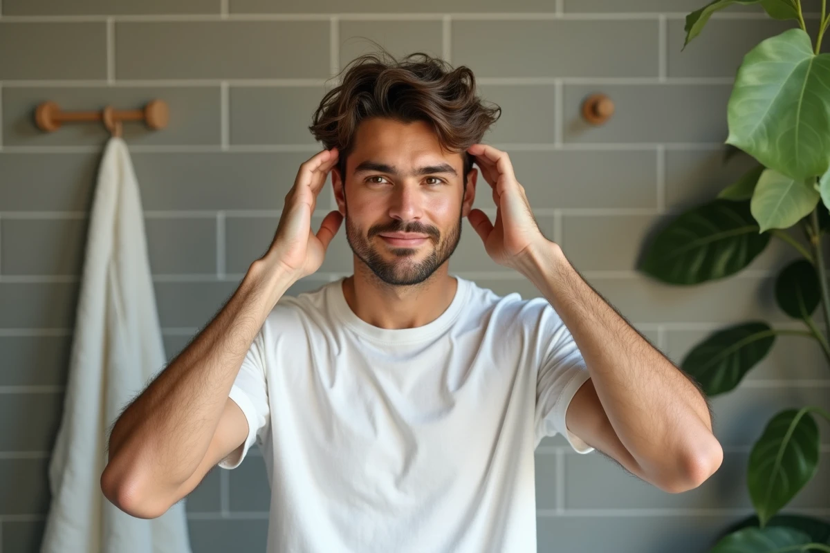 Homme se regardant dans le miroir avec coiffure naturelle
