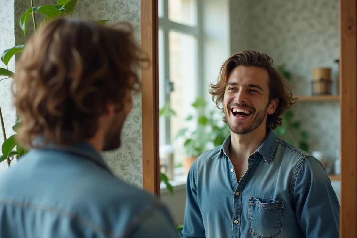 Homme riant en regardant sa nouvelle coupe dans le miroir