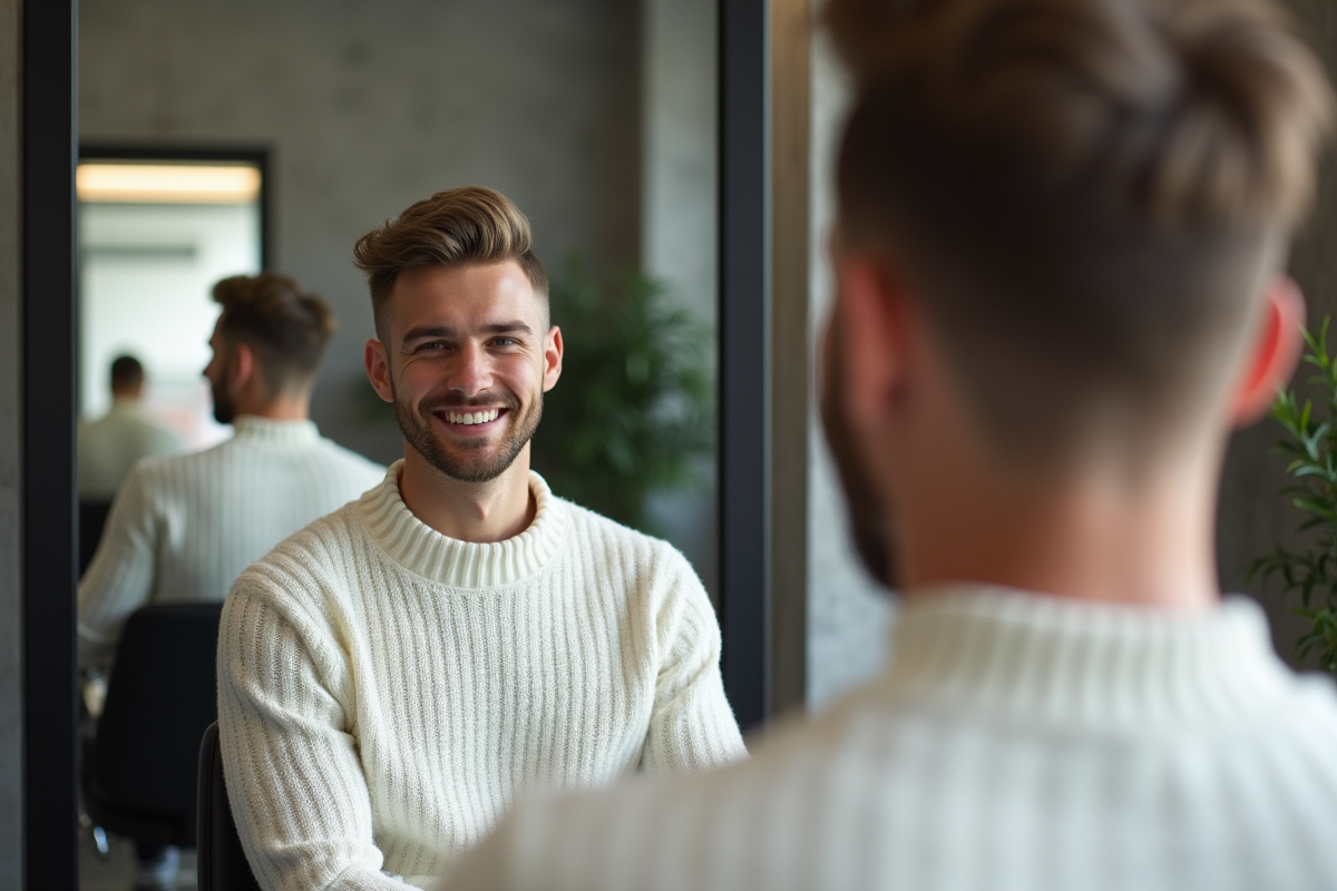 Homme admirant sa coupe undercut dans un salon moderne