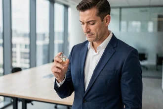 Homme élégant en costume bleu marine tenant un flacon de parfum dans un bureau moderne minimaliste