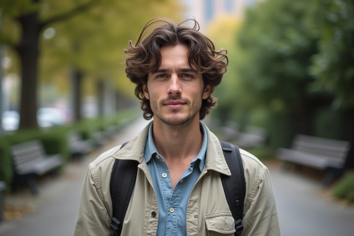 Homme aux cheveux bouclés dans un parc urbain