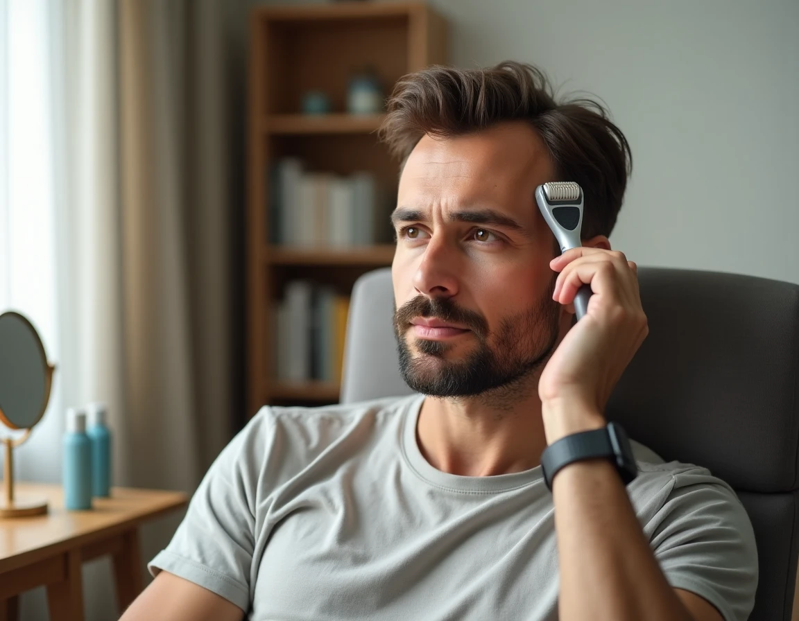 Homme appliquant un dermaroller sur le sommet du crâne pour stimuler la pousse des cheveux à domicile