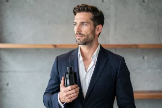 Homme élégant en costume sombre tenant un flacon de parfum Armani Code Profumo dans un intérieur minimaliste moderne