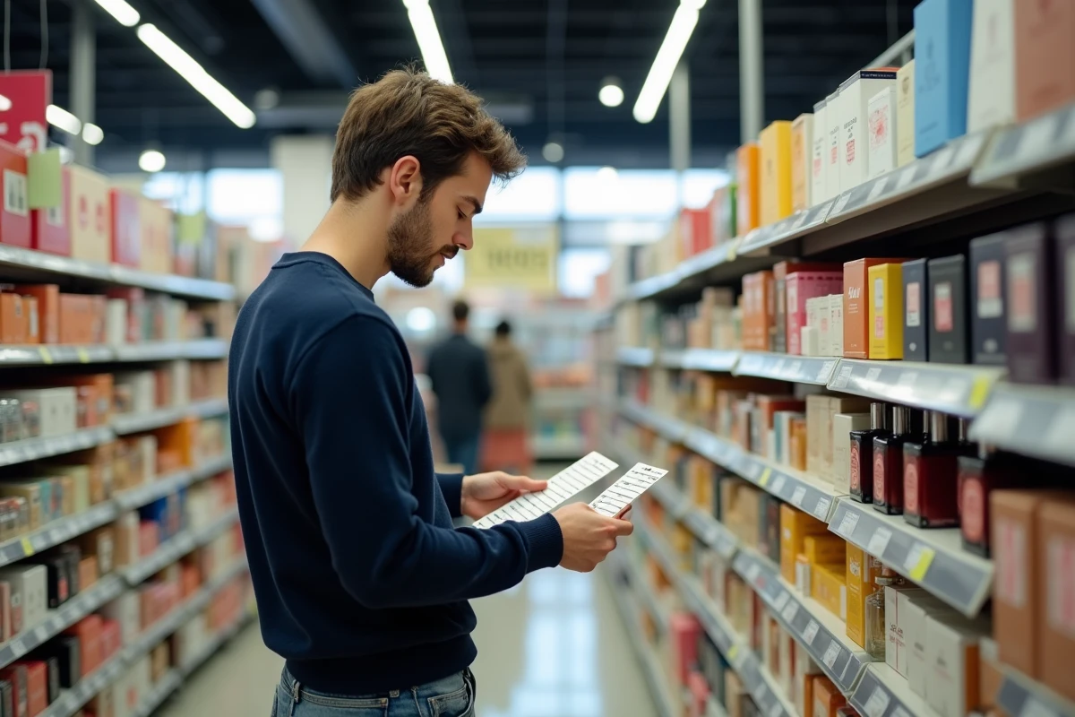 Jeune homme compare testeurs de parfum en supermarche