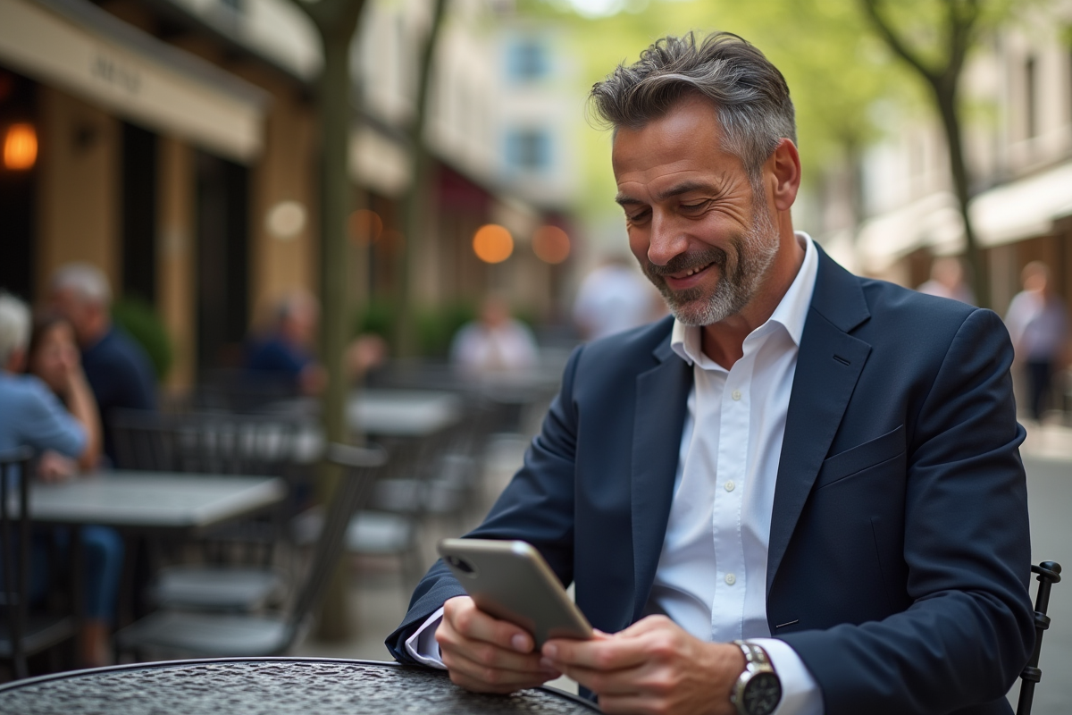 Homme français assis au café en plein air avec miroir