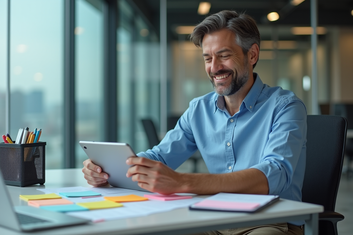 Homme planifiant avec notes et tablette dans un bureau moderne