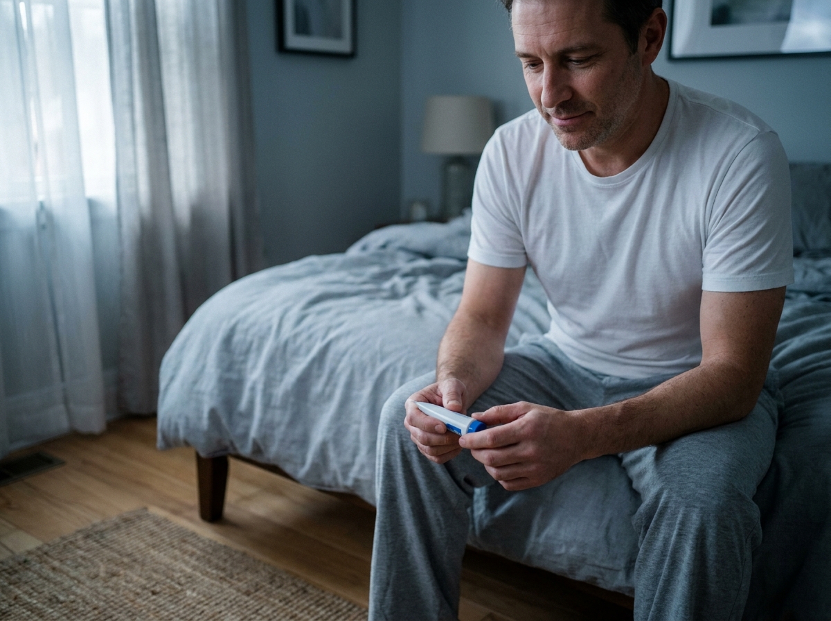 Homme assis au bord du lit tenant un tube de granules homéopathiques contre les troubles du sommeil