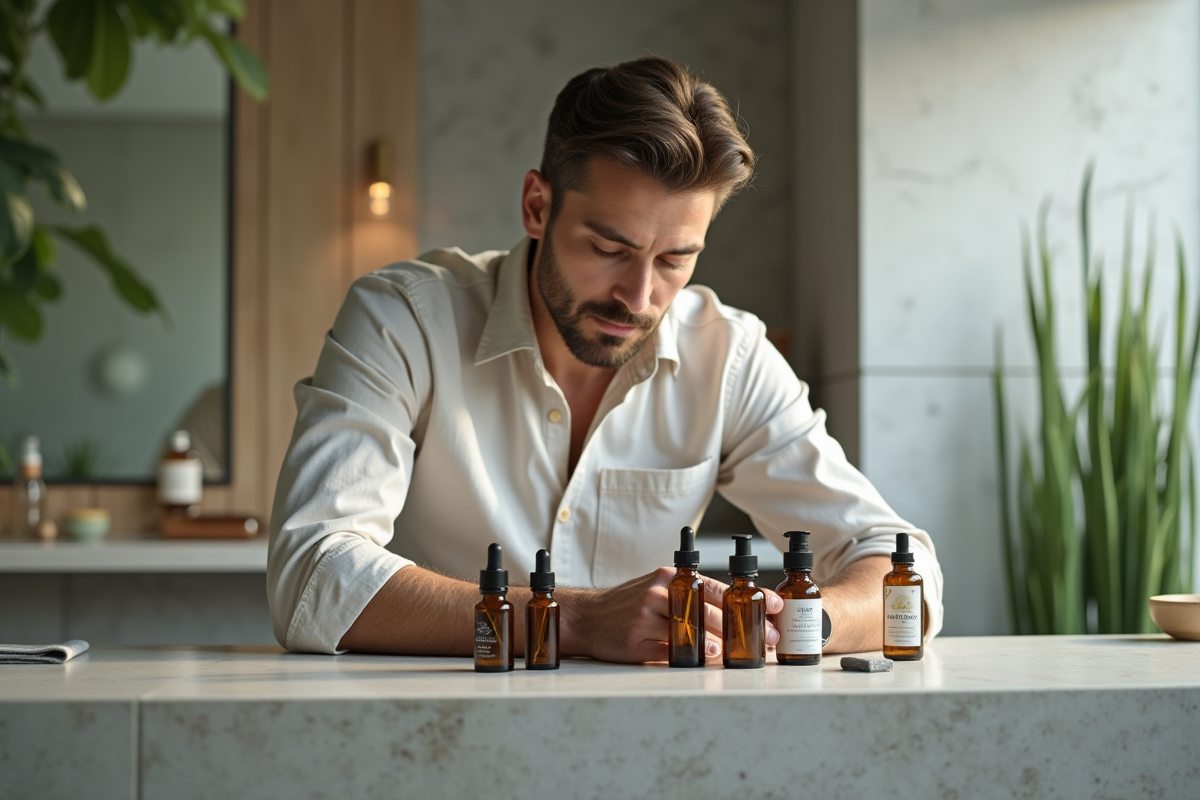 Homme organisant des huiles essentielles dans la salle de bain