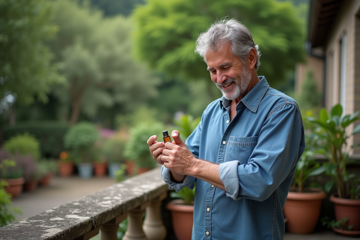 Homme en extérieur roulant une huile essentielle sur le poignet