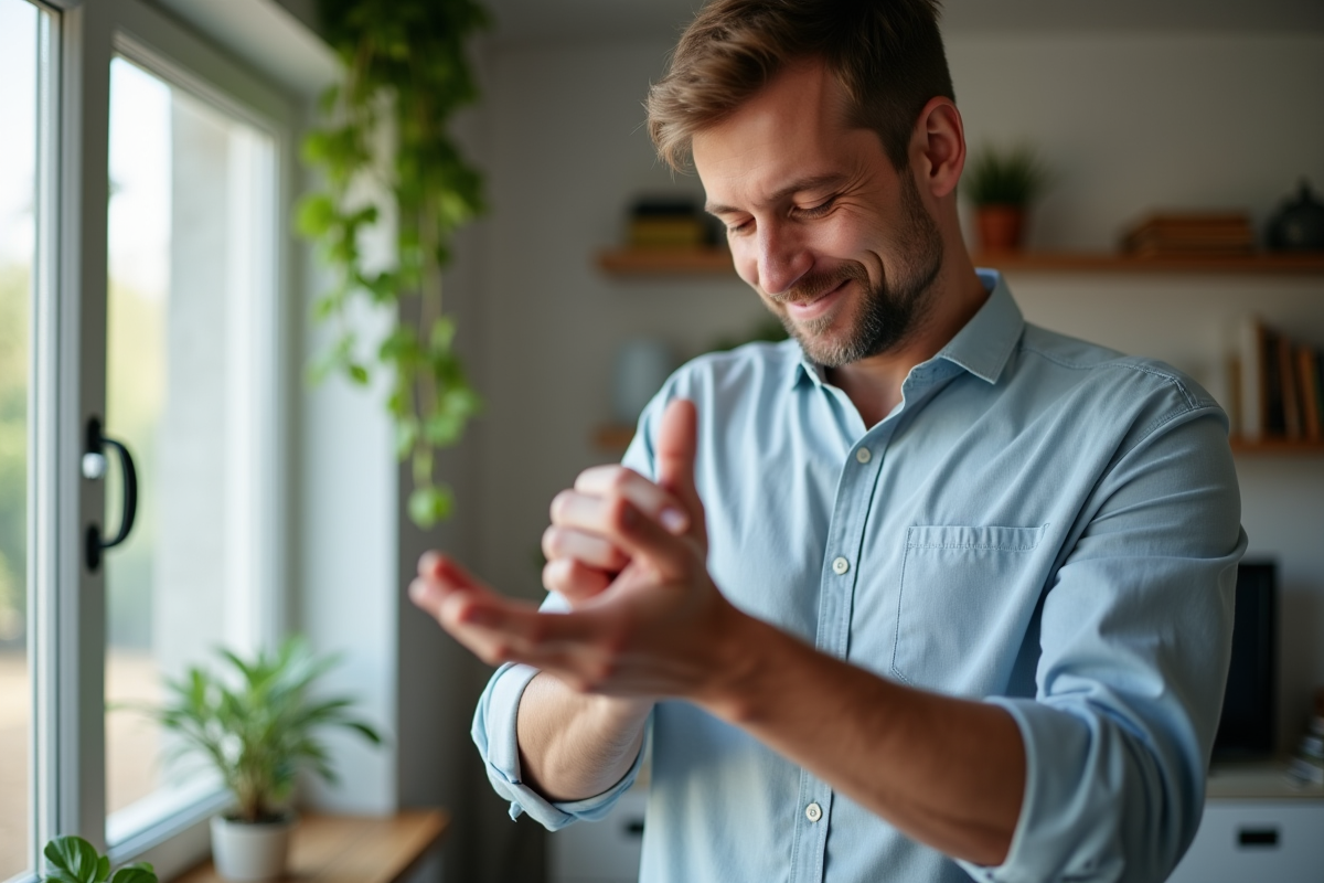 Homme appliquant une huile essentielle dans un intérieur calme