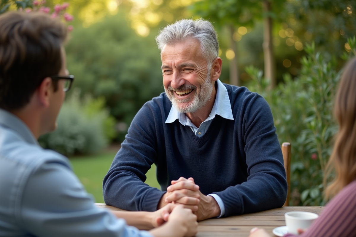 Homme rieur dans un jardin en extérieur