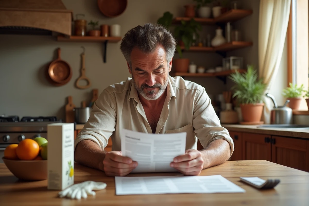 Homme de 55 ans lisant la notice d'un kit de coloration sans ammoniaque posé sur une table de cuisine en bois
