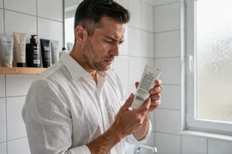 Homme examinant l'étiquette d'une crème à raser dans une salle de bain minimaliste pour détecter le greenwashing