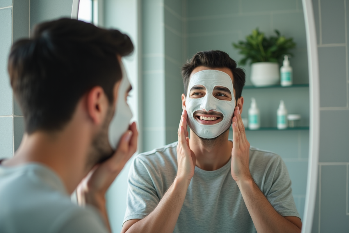 Homme appliquant masque visage dans salle de bain moderne