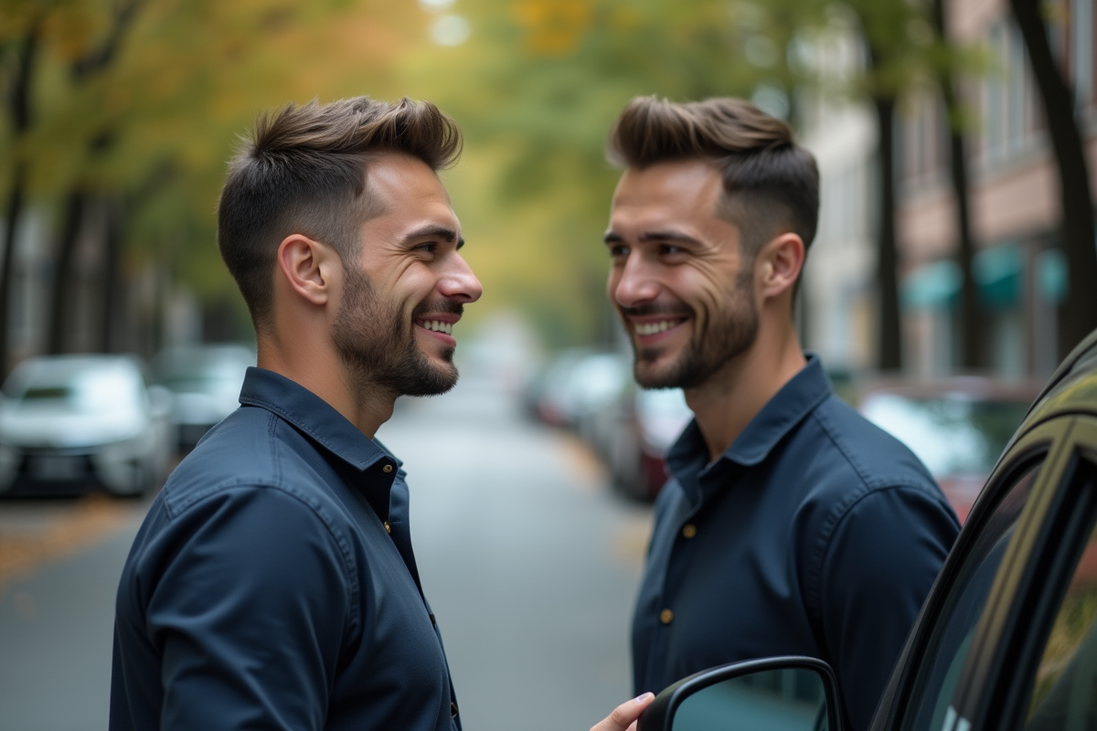 Homme regardant sa coupe courte dans un miroir de voiture