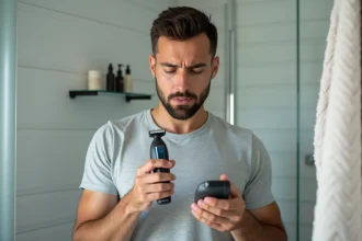 Homme examinant un rasoir Philips OneBlade dans une salle de bain moderne pour vérifier sa compatibilité