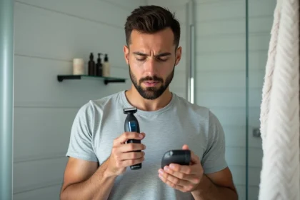 Homme examinant un rasoir Philips OneBlade dans une salle de bain moderne pour vérifier sa compatibilité