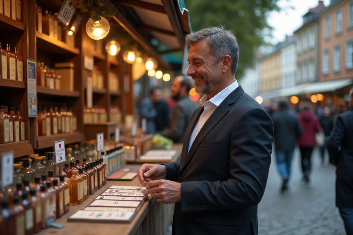 Homme inspectant un testeur de parfum en marché