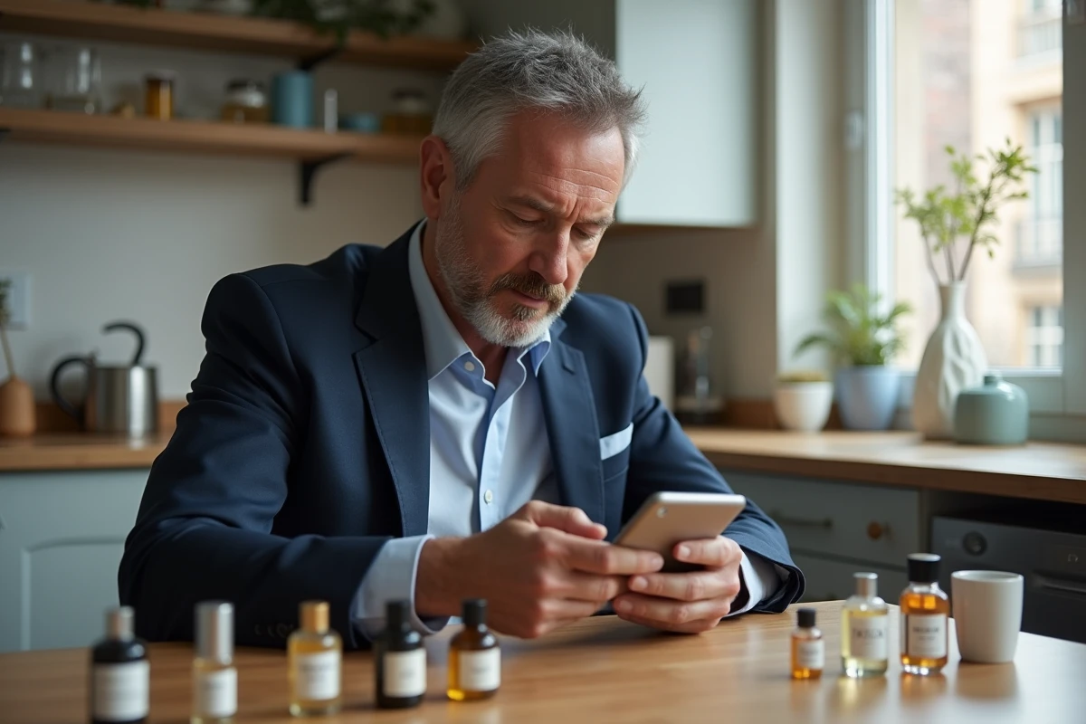 Homme regardant des échantillons de parfum à la maison