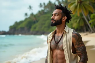 Homme polynesien avec tatouages traditionnels sur la plage