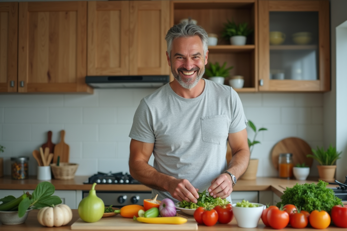 Homme préparant une salade dans une cuisine moderne