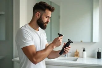 Homme tenant un rasoir électrique Gillette haut de gamme dans une salle de bain moderne et minimaliste