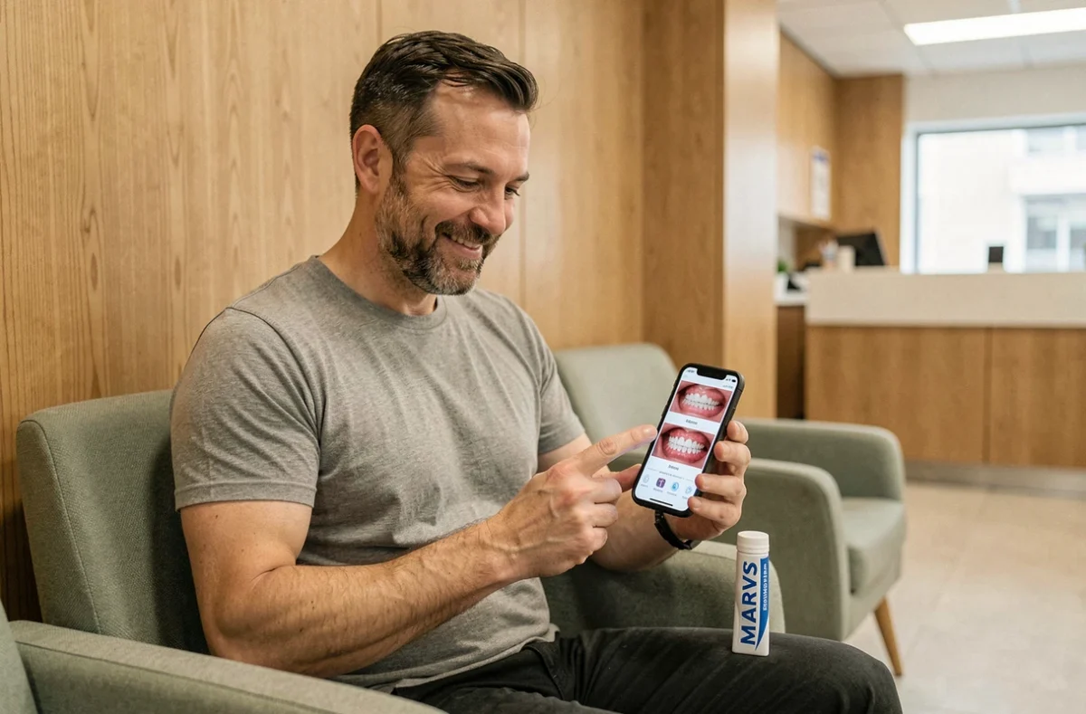 Homme comparant les photos avant après de ses dents blanches grâce au dentifrice MARVIS dans une salle d'attente dentaire