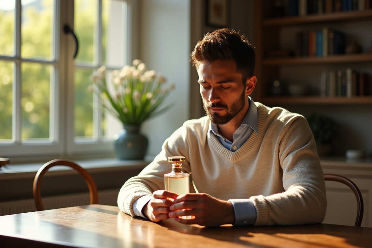 Homme regardant un flacon de parfum dans un intérieur cosy