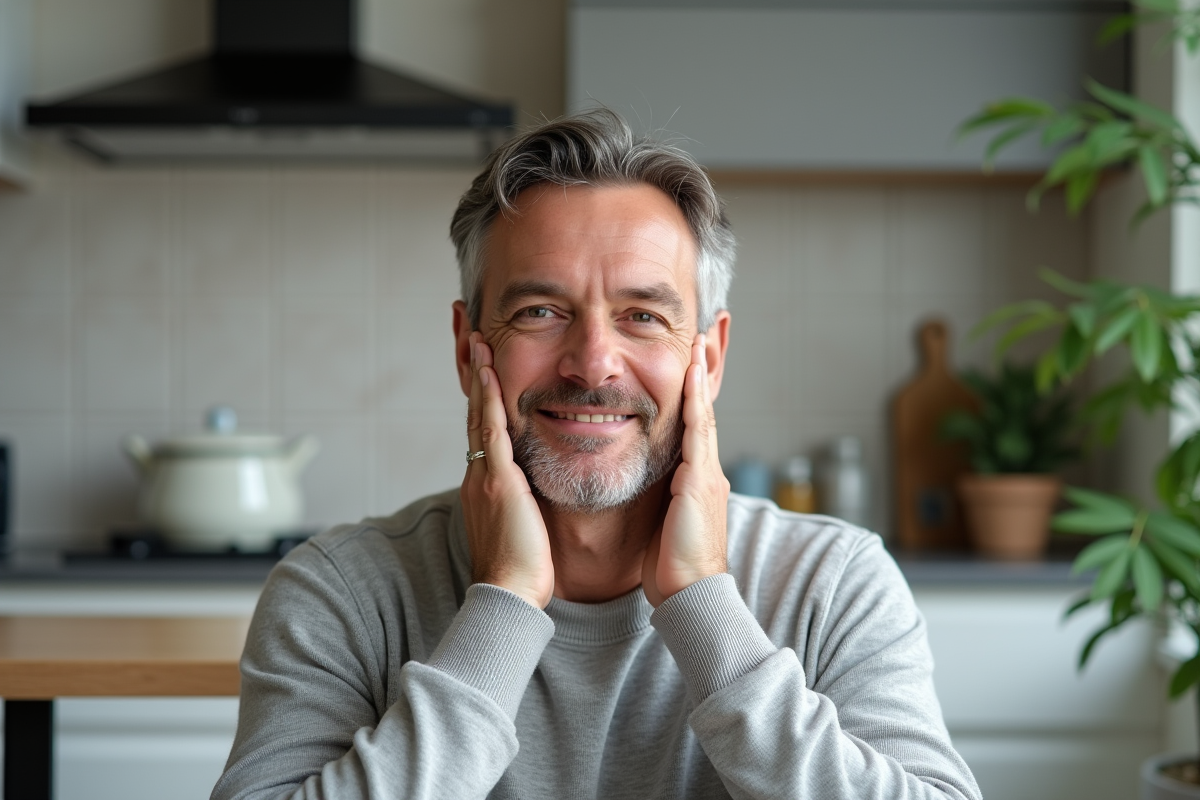 Homme en pull gris pratiquant un massage facial à la maison