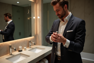 Homme en train de se vaporiser du parfum dans un bain moderne