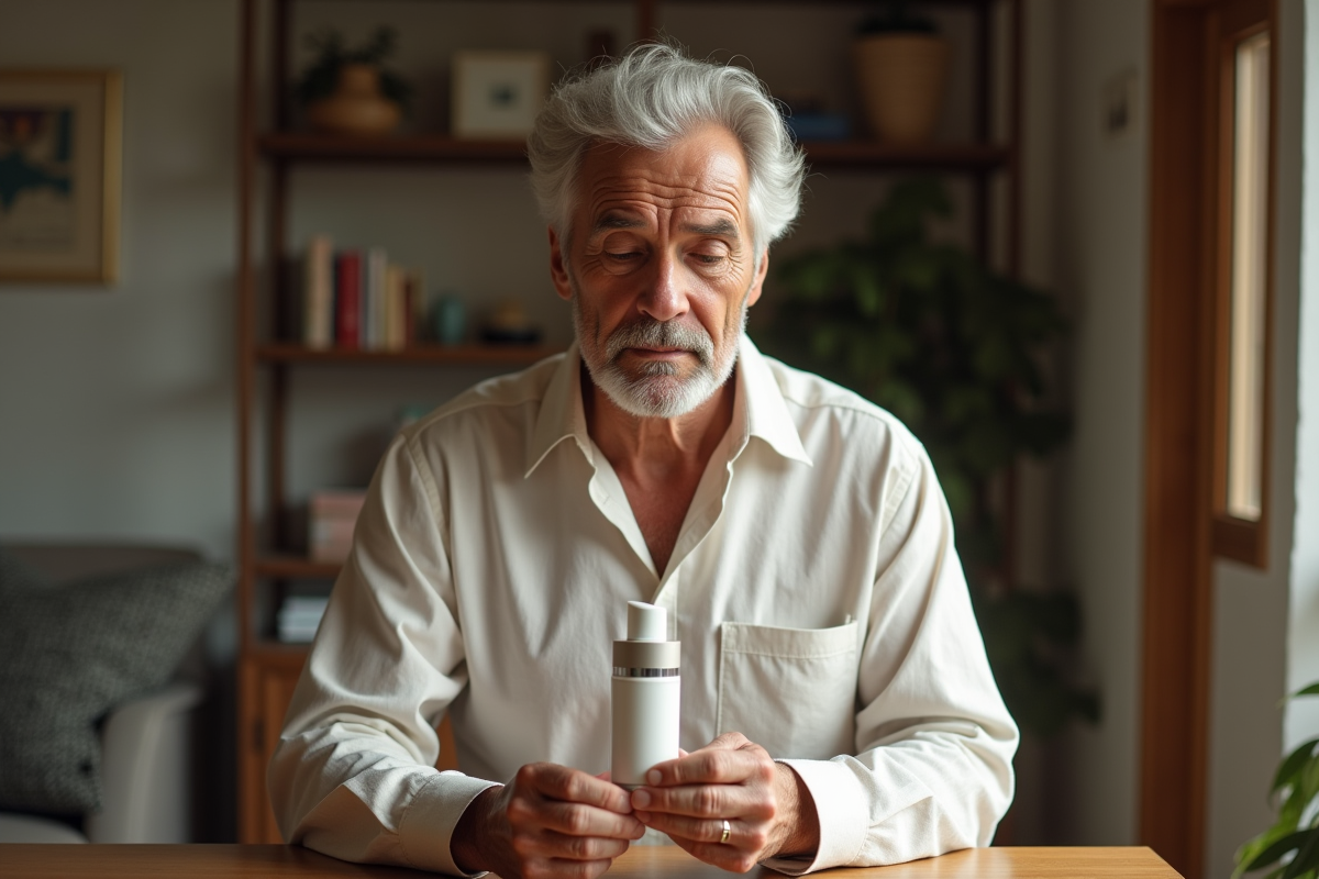 Homme mature examinant un flacon de soin dans salon lumineux