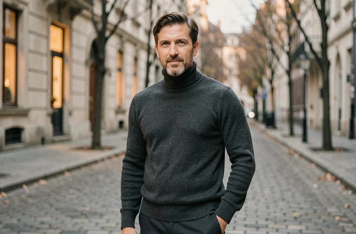 Homme sophistiqué en col roulé cachemire dans une rue pavée européenne incarnant l'élégance du parfum Armani Code Profumo