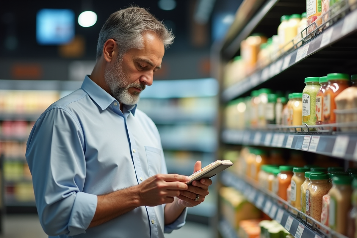 Homme lisant une étiquette dans un supermarché moderne