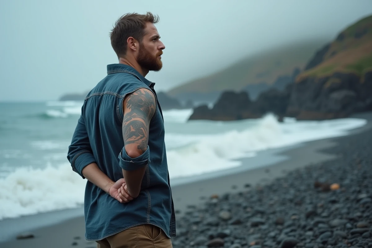 Homme avec tatouage tortue polynésienne sur l'épaule contemplant l'océan sur une plage rocheuse