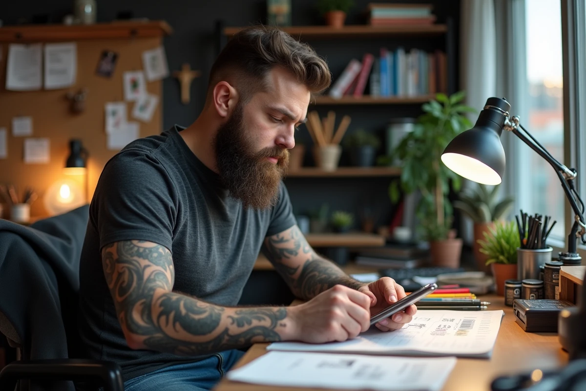 Homme tatoueur vérifiant prix tatouages avec croquis et encres