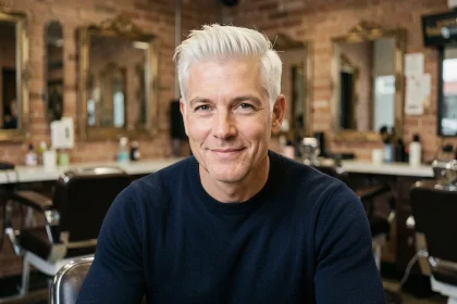 Homme aux cheveux blancs platine coiffés en quiff texturé dans un salon de coiffure moderne, portrait 3/4 en pull marine