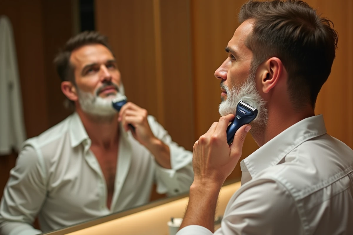 Homme utilisant un rasoir électrique Gillette devant un miroir dans une salle de bain d'hôtel haut de gamme